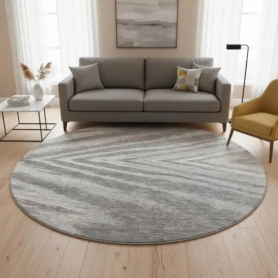 8' Gray And Ivory Abstract Washable Round Rug With UV Protection Photo 2