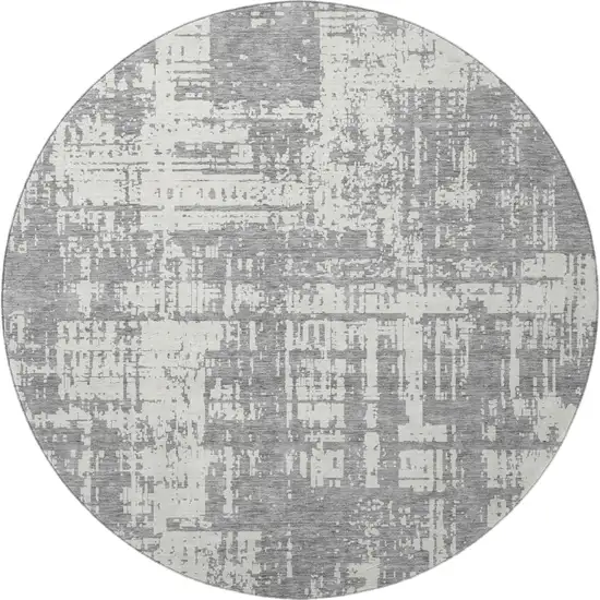 8' Gray And Ivory Abstract Washable Round Rug With UV Protection Photo 3