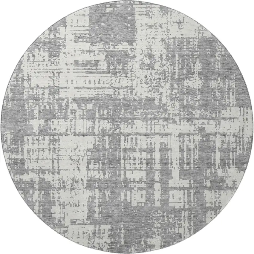 8' Gray And Ivory Abstract Washable Round Rug With UV Protection Photo 3