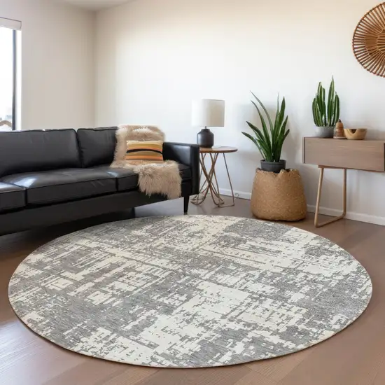 8' Gray And Ivory Abstract Washable Round Rug With UV Protection Photo 4