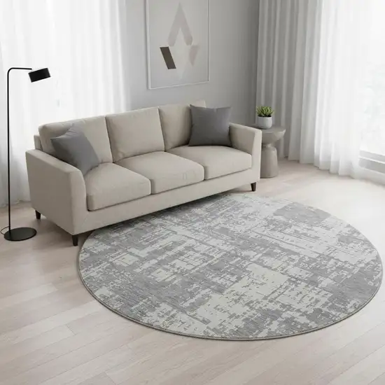 8' Gray And Ivory Abstract Washable Round Rug With UV Protection Photo 2