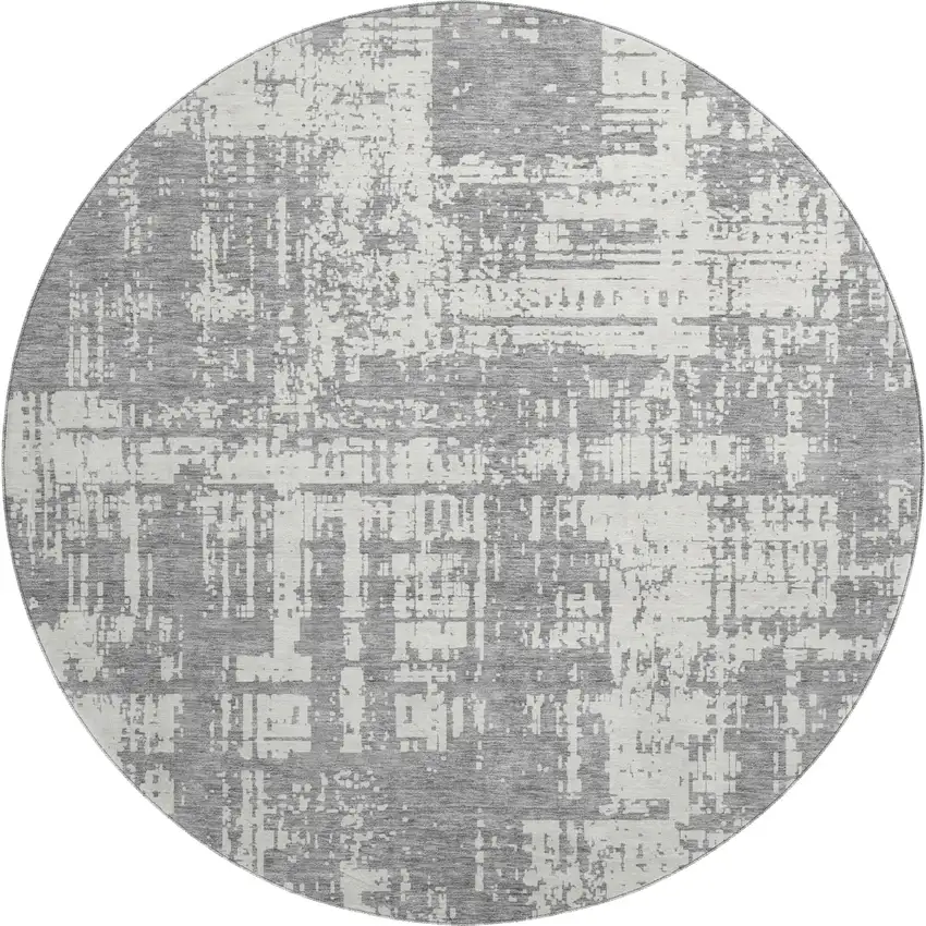 8' Gray And Ivory Abstract Washable Round Rug With UV Protection Photo 1