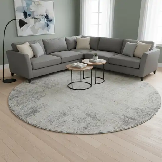 8' Gray And Ivory Abstract Washable Round Rug With UV Protection Photo 2