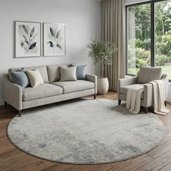 8' Gray And Ivory Abstract Washable Round Rug With UV Protection Photo 1