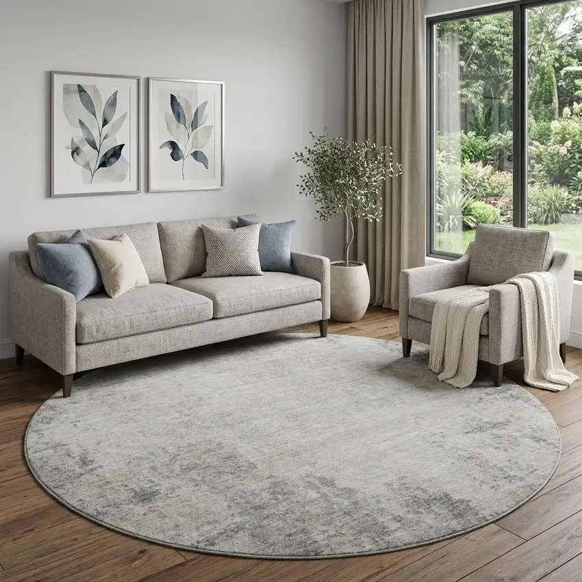 8' Gray And Ivory Abstract Washable Round Rug With UV Protection Photo 1