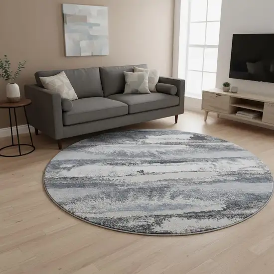 8' Gray And Ivory Abstract Washable Round Rug With UV Protection Photo 2