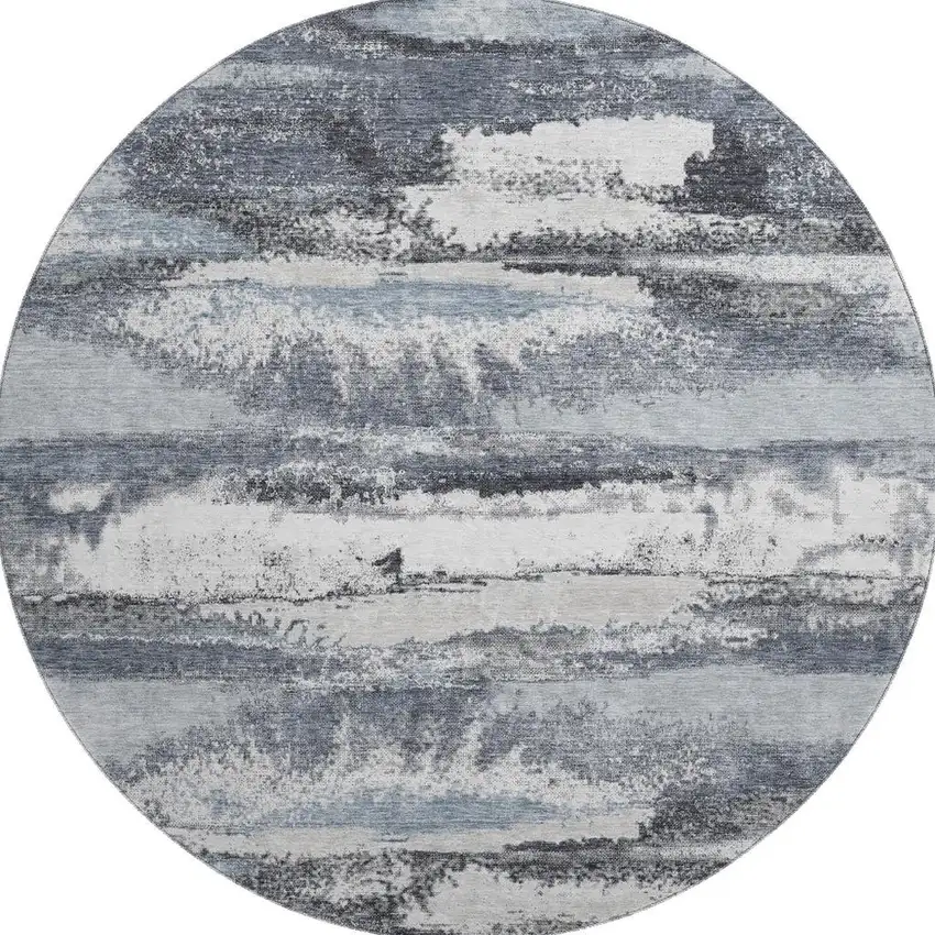 8' Gray And Ivory Abstract Washable Round Rug With UV Protection Photo 3