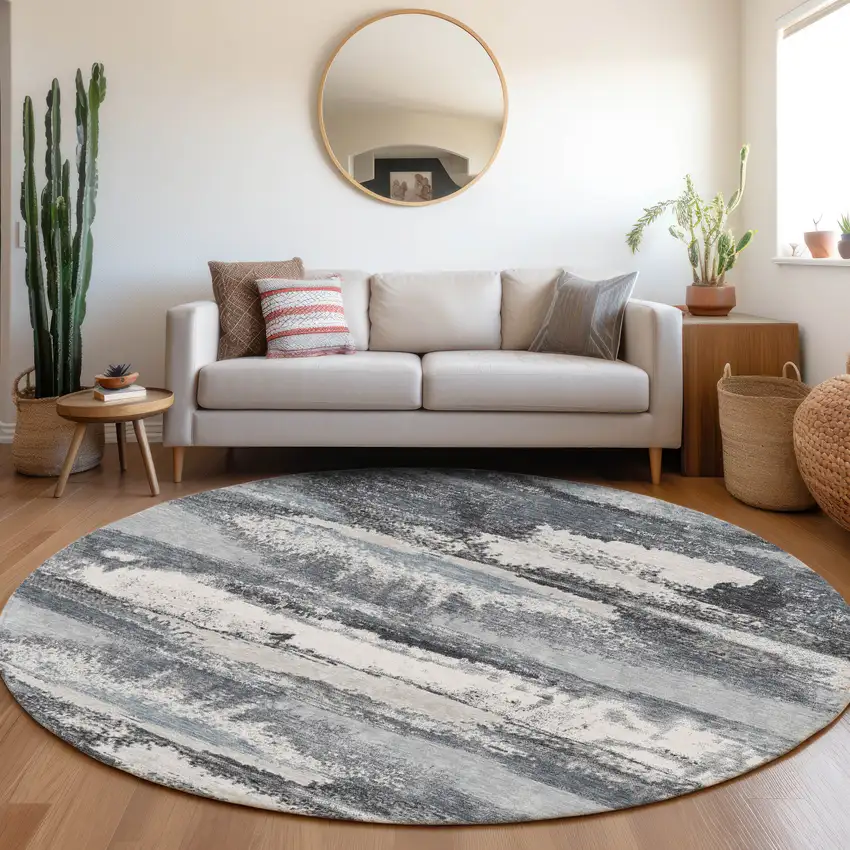 8' Gray And Ivory Abstract Washable Round Rug With UV Protection Photo 4
