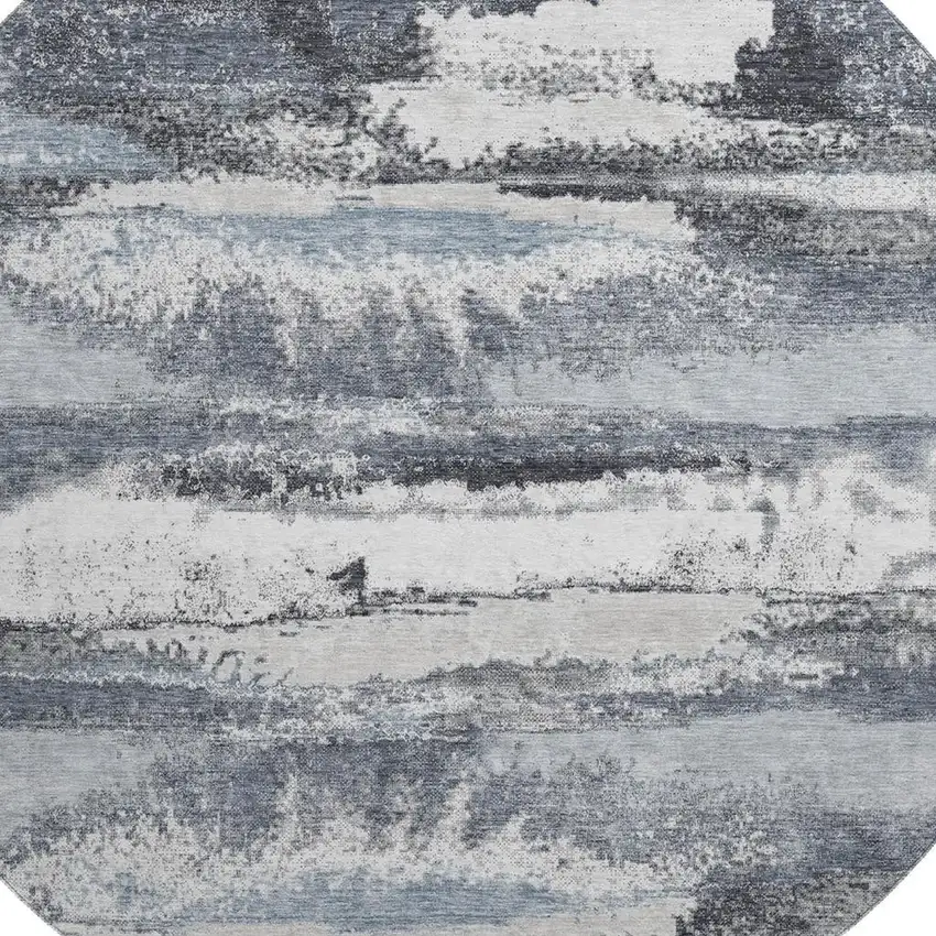 8' Gray And Ivory Abstract Washable Round Rug With UV Protection Photo 2