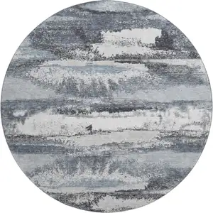 Photo of 8' Gray And Ivory Abstract Washable Round Rug With UV Protection