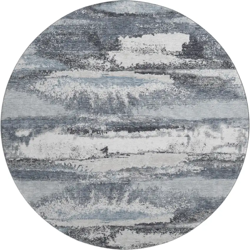 8' Gray And Ivory Abstract Washable Round Rug With UV Protection Photo 1