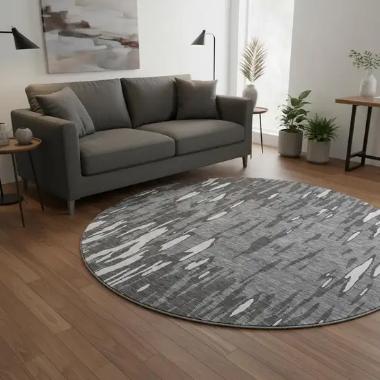 8' Gray And Ivory Abstract Washable Round Rug With UV Protection Photo 2