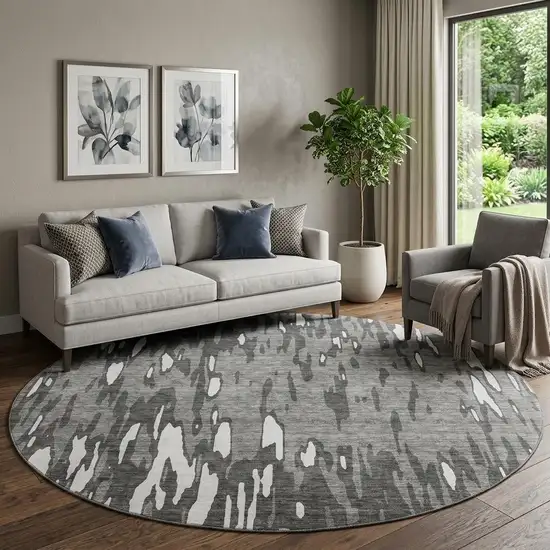 8' Gray And Ivory Abstract Washable Round Rug With UV Protection Photo 1