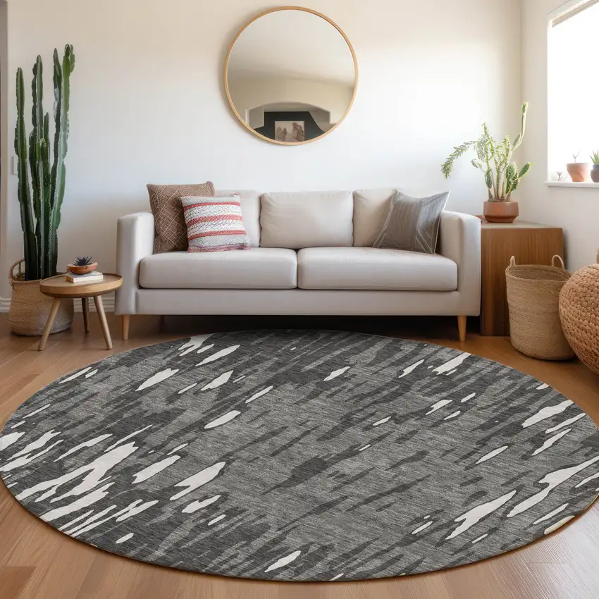 8' Gray And Ivory Abstract Washable Round Rug With UV Protection Photo 4
