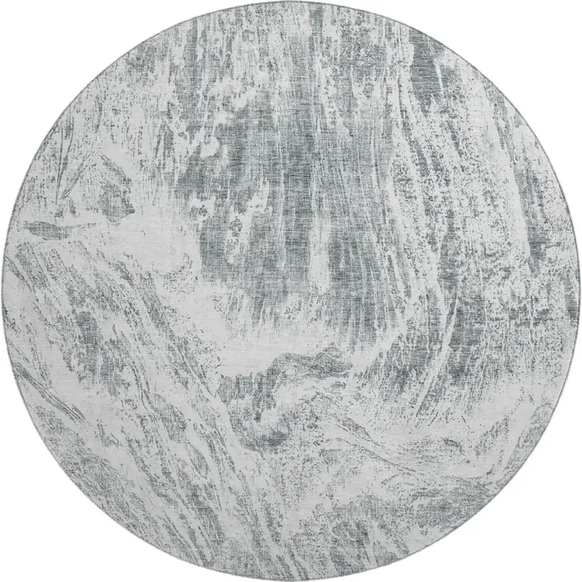 8' Gray And Ivory Abstract Washable Round Rug With UV Protection Photo 1