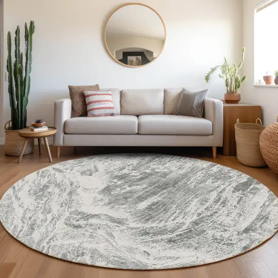 8' Gray And Ivory Abstract Washable Round Rug With UV Protection Photo 4