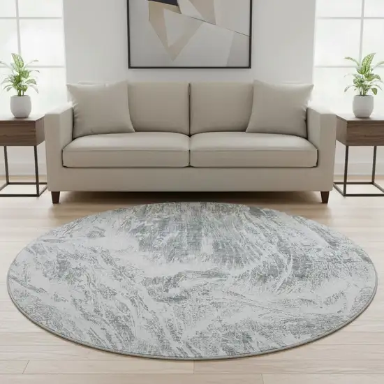 8' Gray And Ivory Abstract Washable Round Rug With UV Protection Photo 2