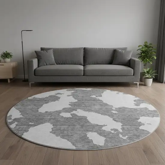 8' Gray And Ivory Abstract Washable Round Rug With UV Protection Photo 2