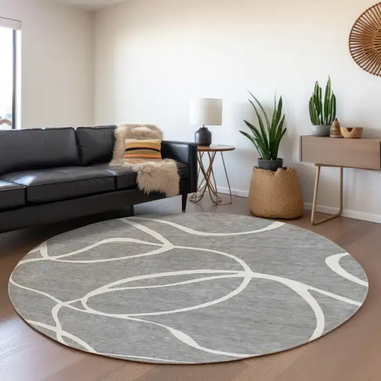 8' Gray And Ivory Abstract Washable Round Rug With UV Protection Photo 4