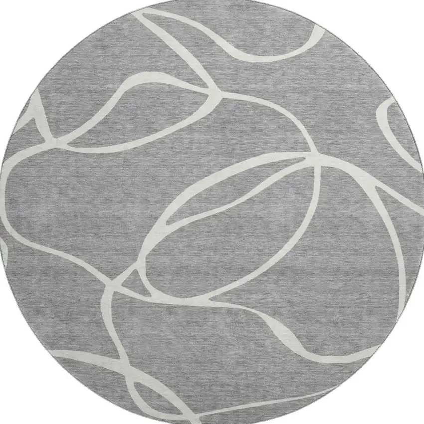 8' Gray And Ivory Abstract Washable Round Rug With UV Protection Photo 3