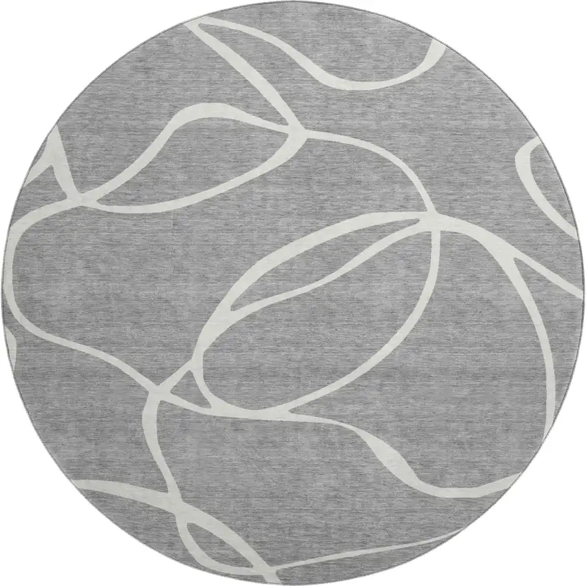 8' Gray And Ivory Abstract Washable Round Rug With UV Protection Photo 1