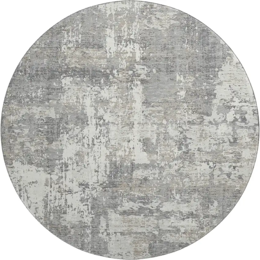 8' Gray And Ivory Abstract Washable Round Rug With UV Protection Photo 1