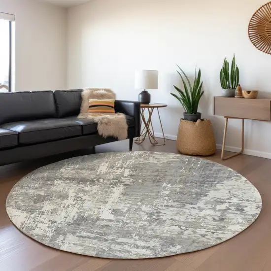 8' Gray And Ivory Abstract Washable Round Rug With UV Protection Photo 4