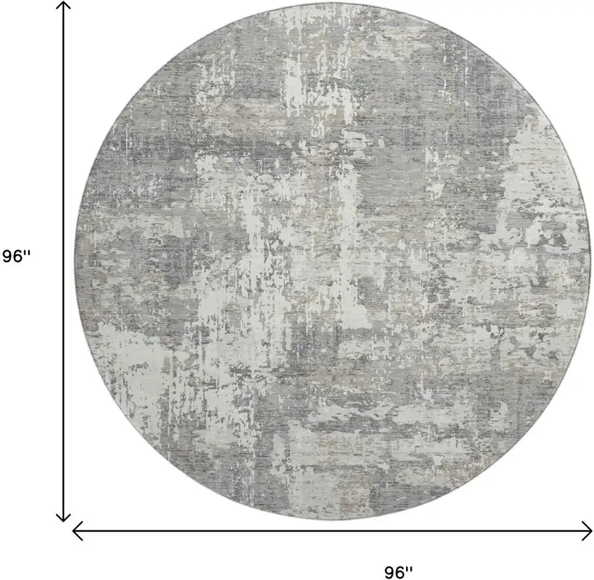 8' Gray And Ivory Abstract Washable Round Rug With UV Protection Photo 9