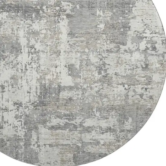 8' Gray And Ivory Abstract Washable Round Rug With UV Protection Photo 2