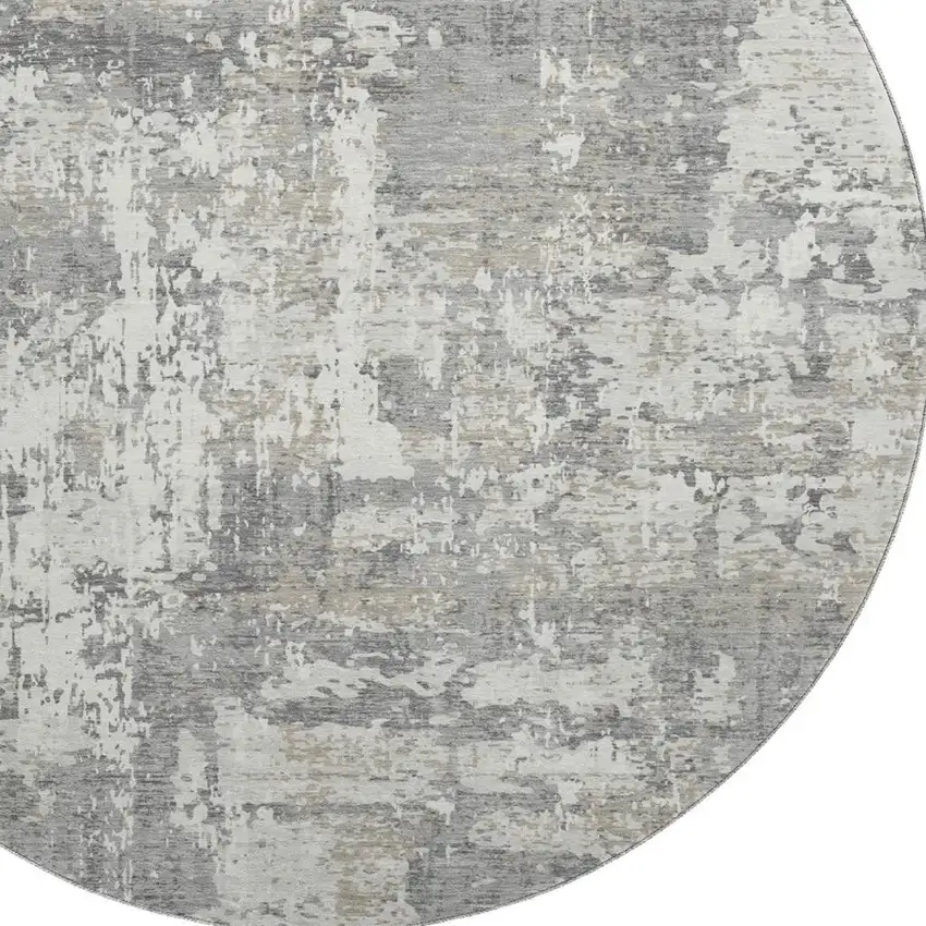 8' Gray And Ivory Abstract Washable Round Rug With UV Protection Photo 2