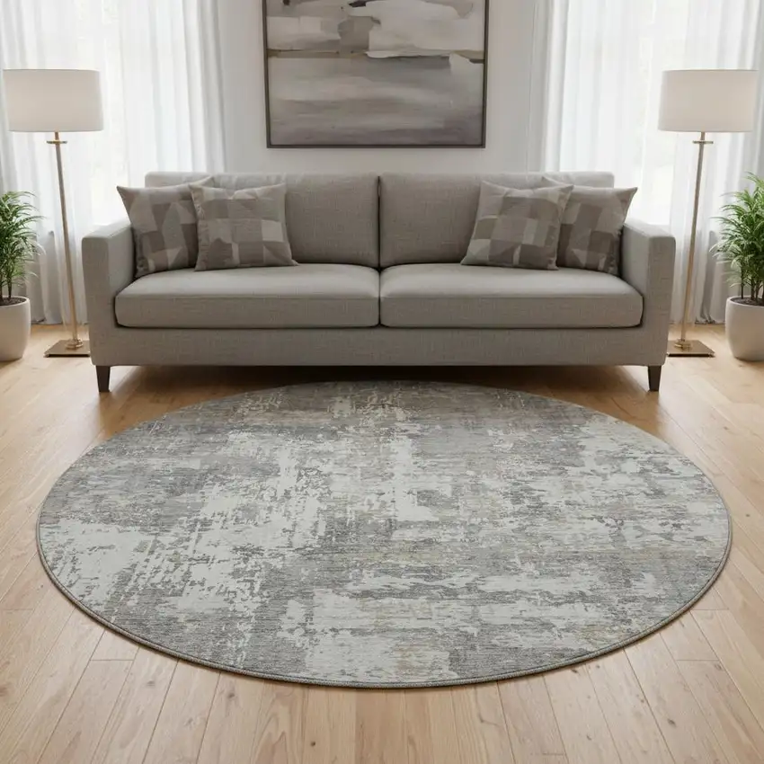 8' Gray And Ivory Abstract Washable Round Rug With UV Protection Photo 2
