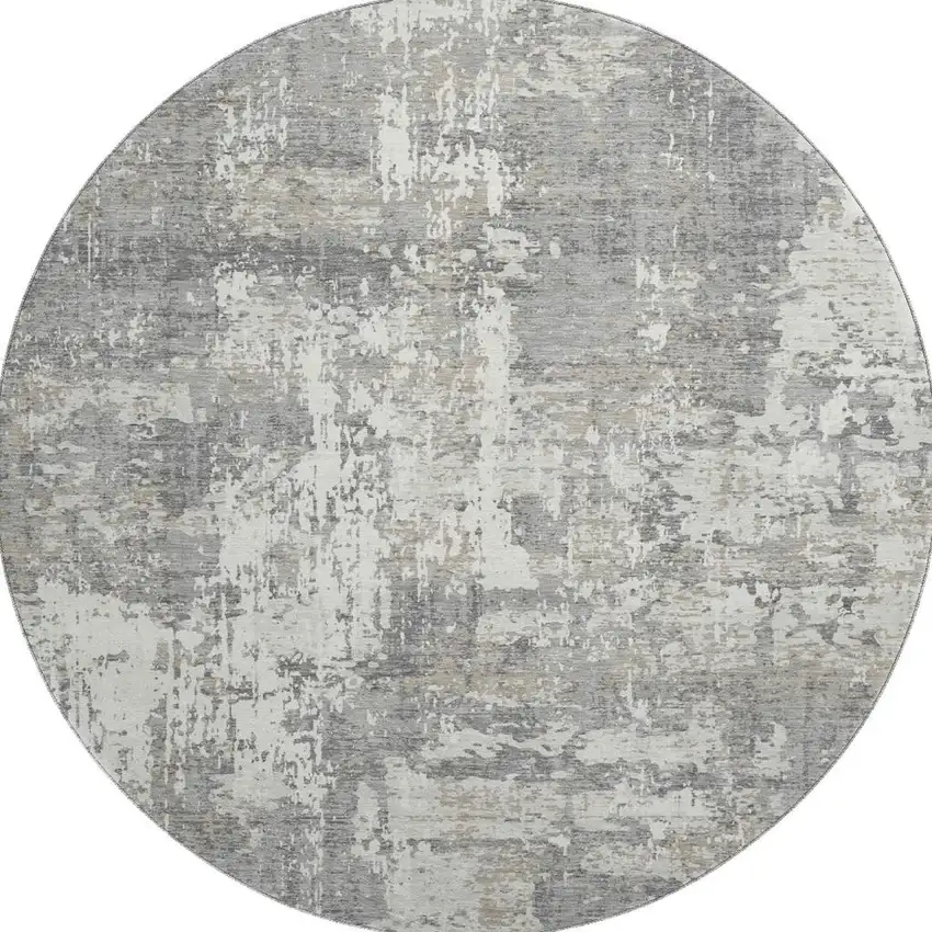 8' Gray And Ivory Abstract Washable Round Rug With UV Protection Photo 3