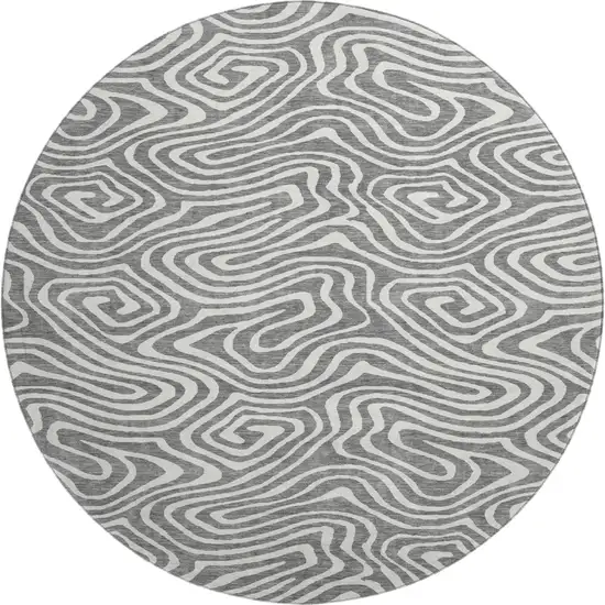 8' Gray And Ivory Abstract Washable Round Rug With UV Protection Photo 1