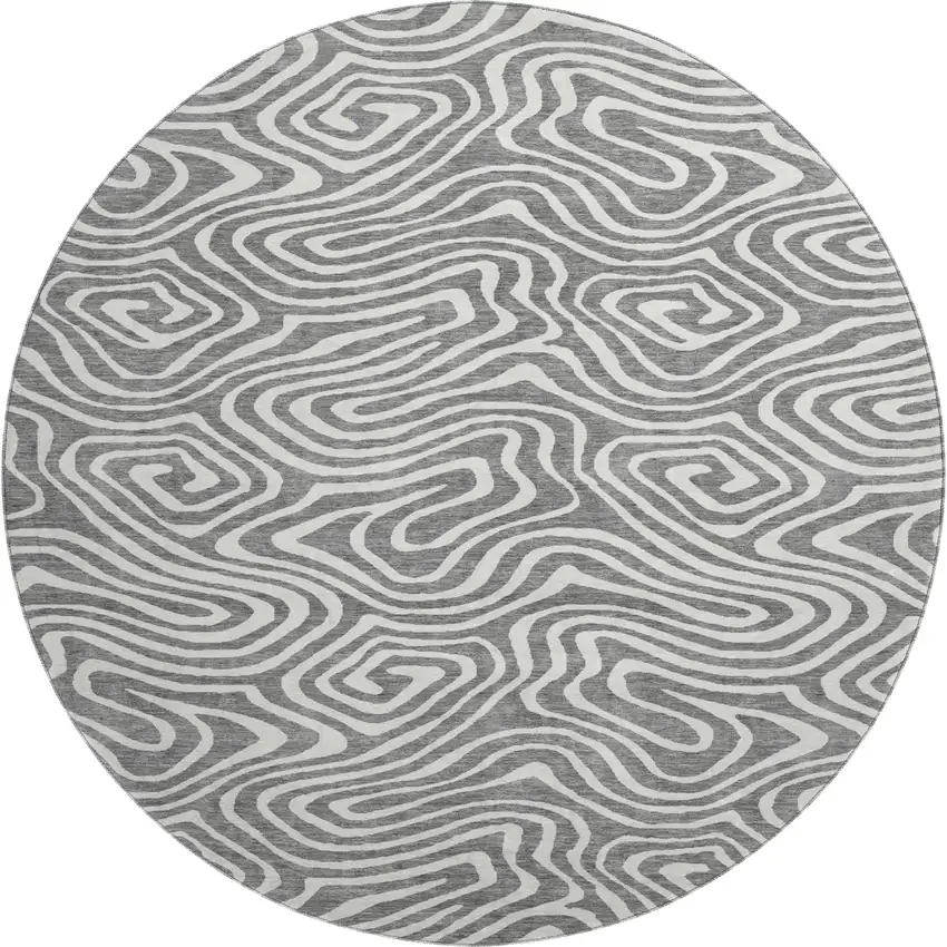 8' Gray And Ivory Abstract Washable Round Rug With UV Protection Photo 1