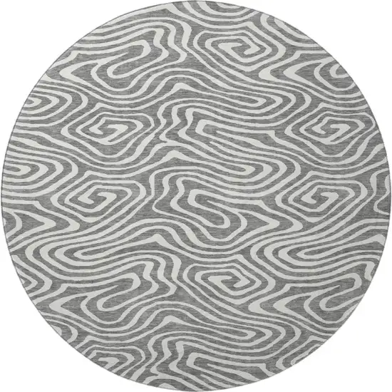 8' Gray And Ivory Abstract Washable Round Rug With UV Protection Photo 3