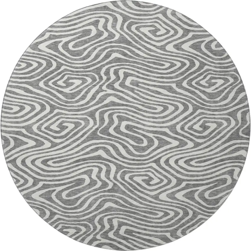 8' Gray And Ivory Abstract Washable Round Rug With UV Protection Photo 3