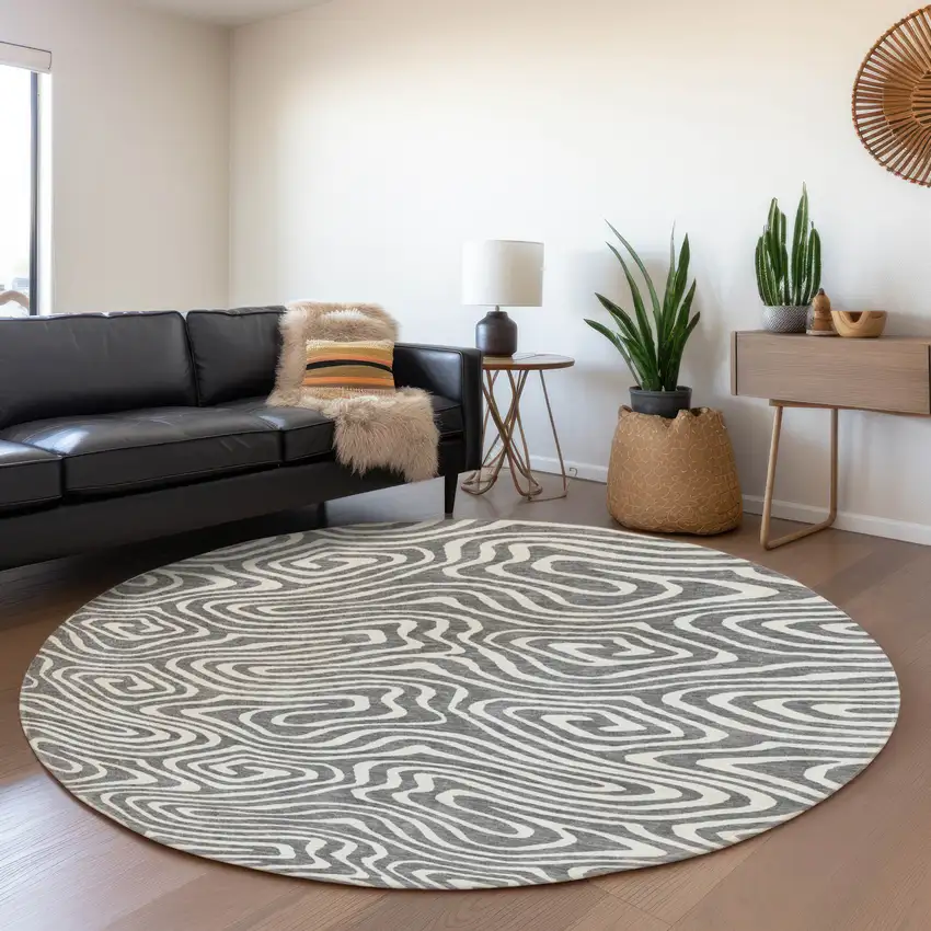 8' Gray And Ivory Abstract Washable Round Rug With UV Protection Photo 4
