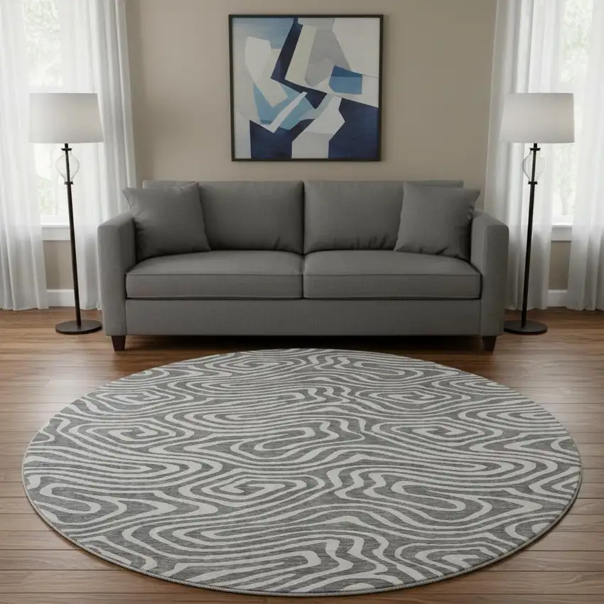 8' Gray And Ivory Abstract Washable Round Rug With UV Protection Photo 2