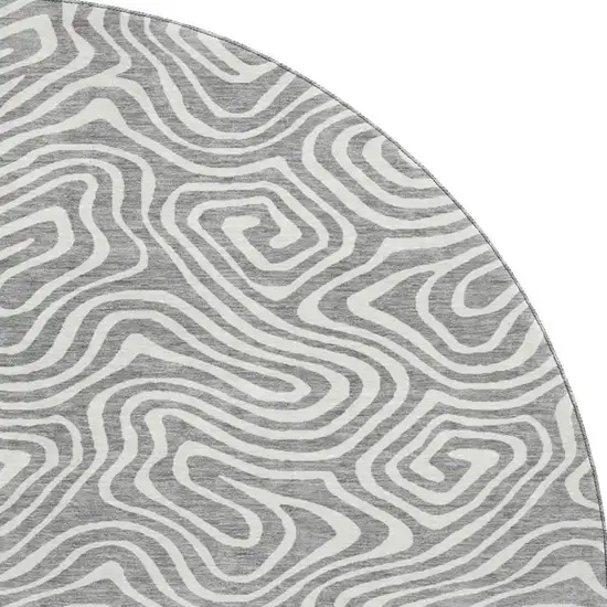8' Gray And Ivory Abstract Washable Round Rug With UV Protection Photo 2