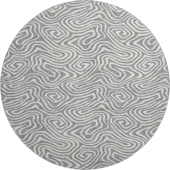 8' Gray And Ivory Abstract Washable Round Rug With UV Protection Photo 1