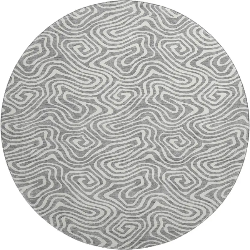8' Gray And Ivory Abstract Washable Round Rug With UV Protection Photo 1