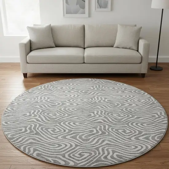 8' Gray And Ivory Abstract Washable Round Rug With UV Protection Photo 2