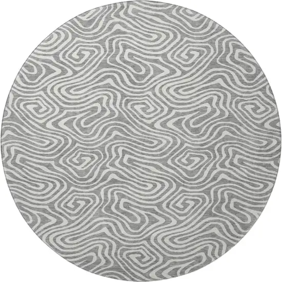 8' Gray And Ivory Abstract Washable Round Rug With UV Protection Photo 3