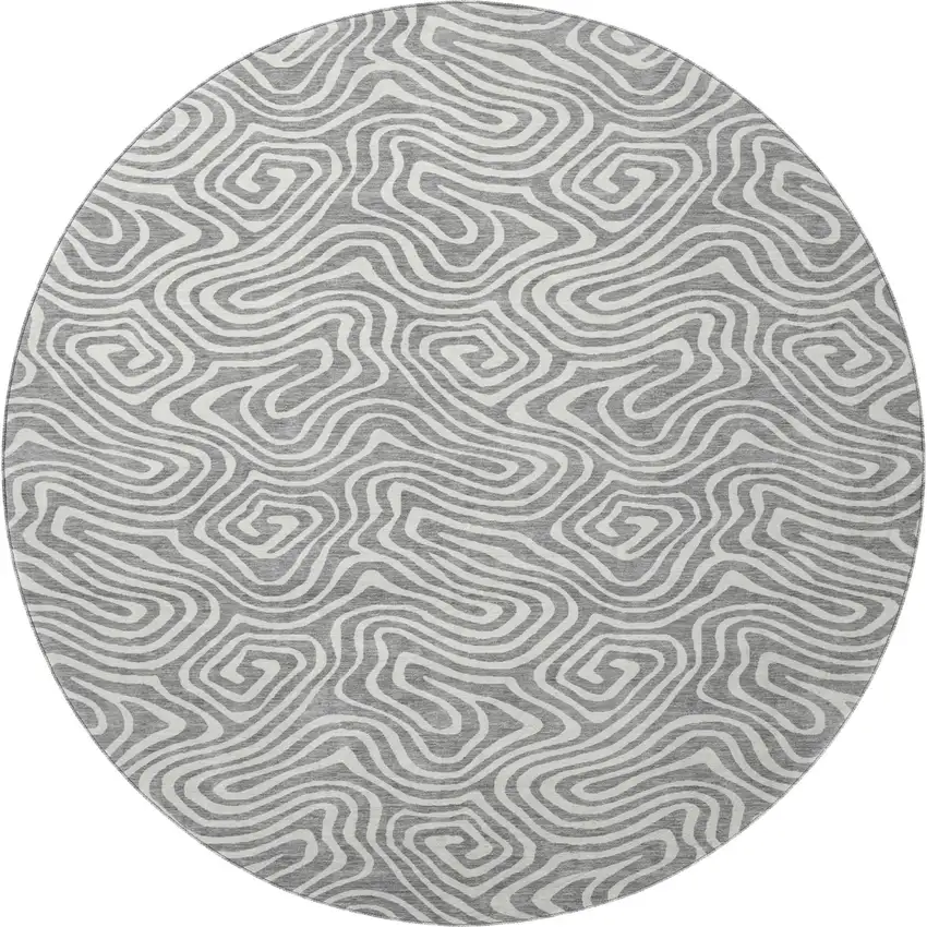 8' Gray And Ivory Abstract Washable Round Rug With UV Protection Photo 3