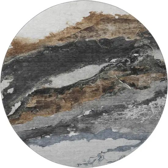 8' Gray And Ivory Abstract Washable Round Rug With UV Protection Photo 4