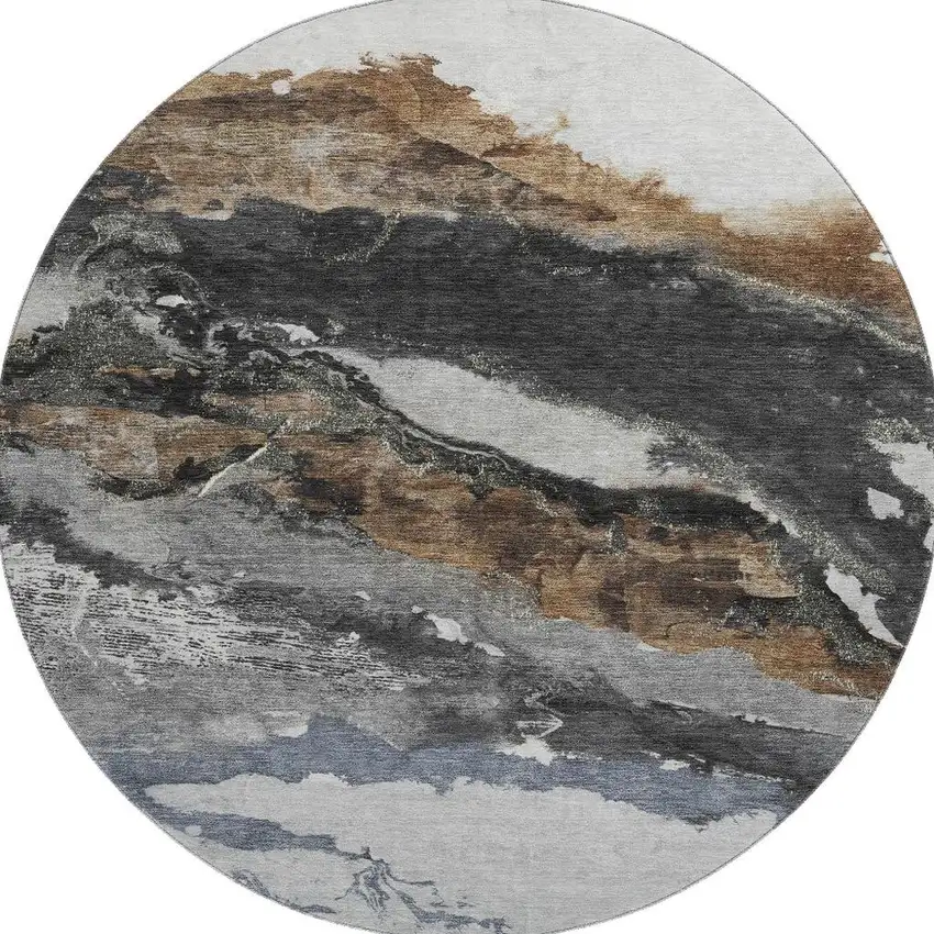 8' Gray And Ivory Abstract Washable Round Rug With UV Protection Photo 3