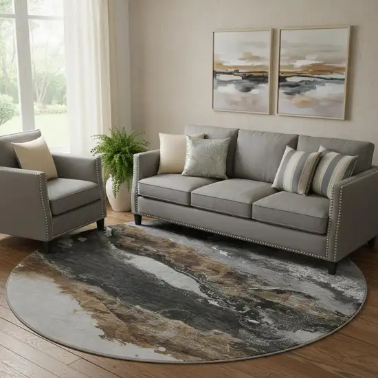 8' Gray And Ivory Abstract Washable Round Rug With UV Protection Photo 2