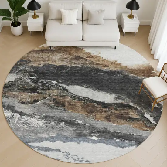 8' Gray And Ivory Abstract Washable Round Rug With UV Protection Photo 5