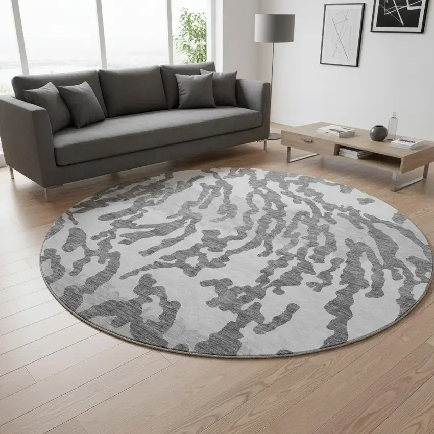 8' Gray And Ivory Animal Print Washable Round Rug With UV Protection Photo 2