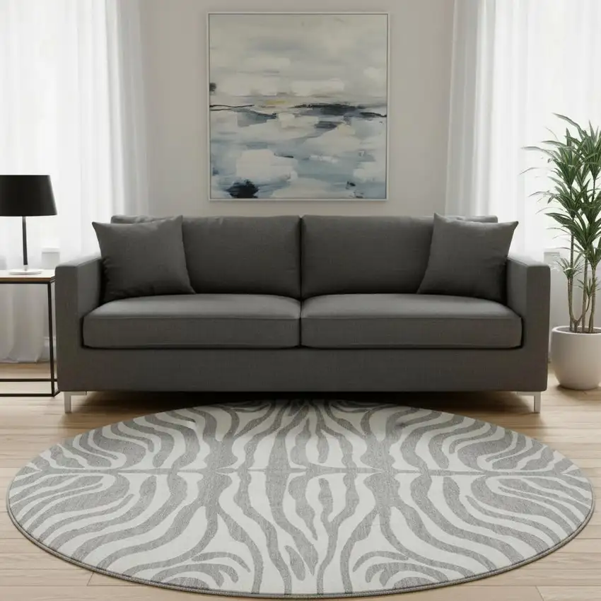 8' Gray And Ivory Animal Print Washable Round Rug With UV Protection Photo 2